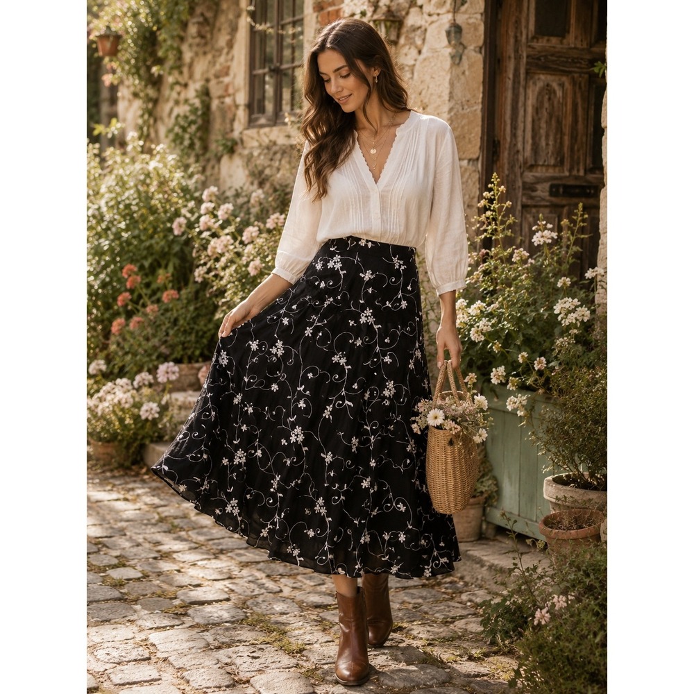 Karen Kane Embroidered Floral Vine Midi Skirt‎ Black White Boho Cottagecore S